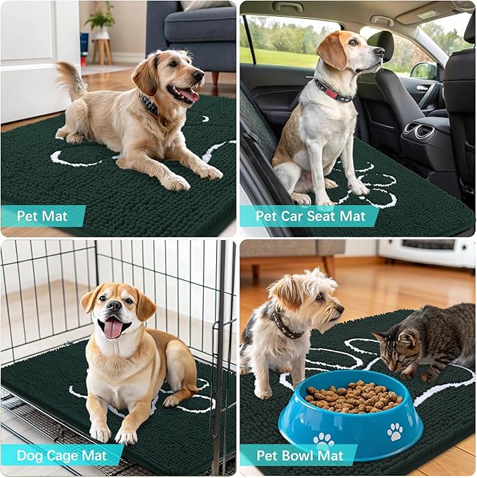 OLANLY Dog Door Mat for Muddy Paws 59x24, Paw Print Design, Absorbs Moisture and Dirt, Absorbent Non-Slip Washable Doormat, Quick Dry Chenille Mud Mat, Entry Indoor Entryway Carpet, Blackish Green