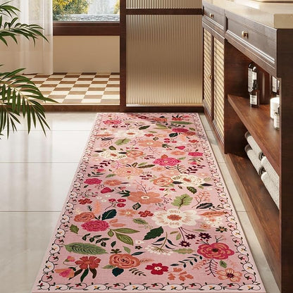 Rugcomf 2x5 Rug Runner - Floral Machine Washable Kitchen Rug, Non-Slip Low Pile Boho Carpet for Hallways, Laundry, Entryway, Bedroom, Bathroom - Pink