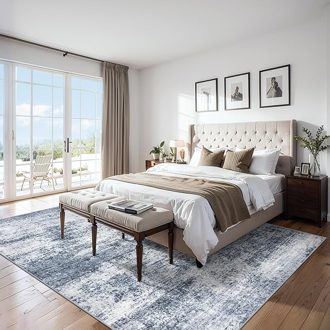 Area Rugs 10x14 Living Room - Washable Rug Modern Abstract Soft Large Neutral Non-Slip Carpet Indoor Floor Thin Carpets for Bedroom Dining Room Farmhouse Nursery Home Office Grey Blue