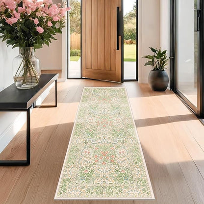 Hazo Haus Non Slip Beige Green Bathroom Runner Rug - Long Runner Rugs 24 x 72 Washable Kitchen Floor Mat, Laundry Room Rug, Hallway Runner - Vintage Floral Design Décor (2x6 Beige Green)