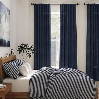 Nanspring Navy Blue Linen Curtains for Living Room 2 Panels Set Extra Long Back Tab Light Filtering Semi Sheer Curtain Drapes for Bedroom Neutral Farmhouse Ceiling to Floor for Large Window 52x100