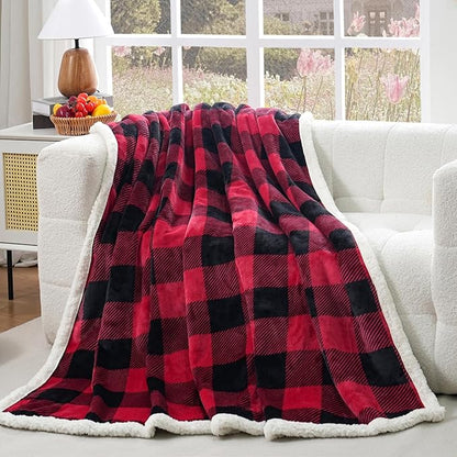 PU MEI Sherpa Fleece Throw Blanket 60" x 80" Reversible Plush Fluffy Large Big Blanket Lattice Flannel Blankets for All Season Use, Red and Black