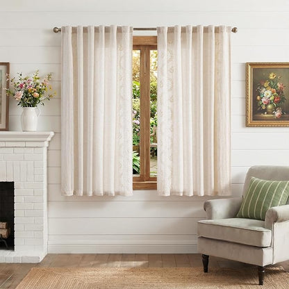 jinchan Belrose Linen Floral Cafe Curtains 54 Inch Length Embroidered Farmhouse Curtains for Kitchen Bedroom Bathroom Small Windows Curtain Set Light Filtering 2 Panels Ivory