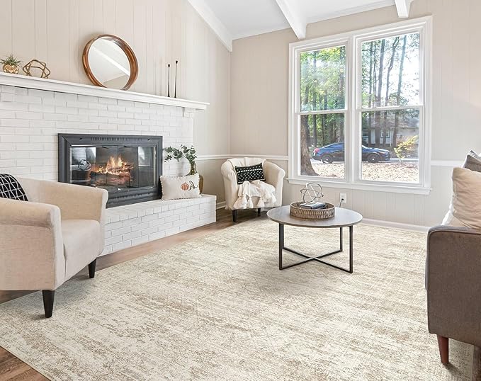 UERMEI 7x9 Area Rug Living Room Rugs - Washable Neutral Modern Abstract Soft Thin Rug Indoor Floor No Slip Rug Carpet for Bedroom Under Dining Table Home Office Decor - Beige/Brown