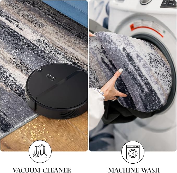 Lansny Modern Abstract 8x10 Large Machine Washable Living Room Rug Non-Slip Soft Bedroom Area Rug Grey Black Multi Ultra Thin Print Faux Wool Carpet Throw Rugs for Nursery Playroom Dining Room Indoor