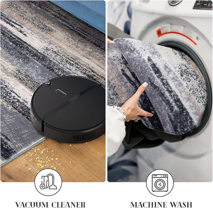 Lansny Modern Abstract Runner Rug 2x5, Grey Black Multi Washable Kitchen Runner Entryway Rug Mat Non-Slip Soft Hallway Rug Runner Thin Print Faux Wool Carpet for Bedroom Laundry Room Indoor