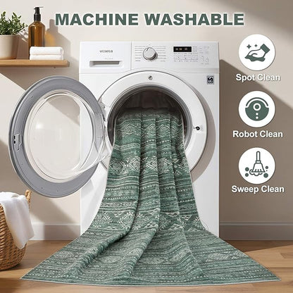 Nakagishi 6x9 Area Rugs Living Room: Washable Boho Large Neutral Soft Farmhouse Rug Stain Resistant Modern Indoor Floor Non-Slip Carpet for Bedroom Nursery Kids Playroom Office Dining Room Dorm- Green