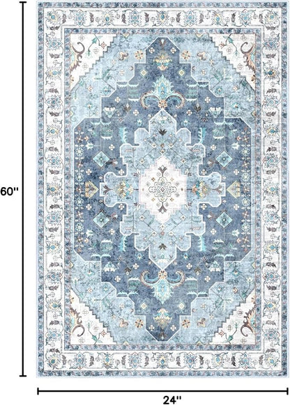 SERISSA Boho Washable Runner Rug, 2x5 Rug Non-Slip Vintage Blue Hallway Kitchen Runner Rug Ultra Soft Print Distressed Floor Carpet for Bedroom Bathroom Laundry Living Room