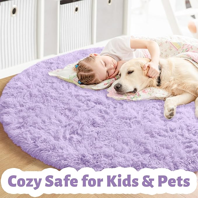 Amdrebio Light Purple Round Circle Rug 5Ft for Girls Bedroom, Fluffy Fuzzy Area Rugs for Kids Room Decor Aesthetic, Cute Furry Shaggy Circular Princess Carpet for Playroom, Baby Nursery, Preppy Dorm