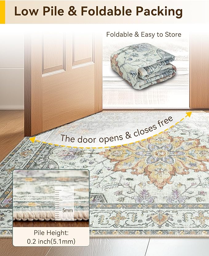 RELEANY Area Rugs 6'x9' Washable Non-Slip, Floral Vintage Distress Print Pattern Medallion Carpet for Living Room Bedroom Dining Room, Light Yellow Carbon Grey Orange