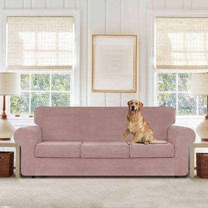 WEERRW 4 Pieces Velvet High Stretch Couch Covers for 3 Cushion Couch Sofa Slipcovers, Washable Furniture Protector with Non Slip Elastic Bottom, Feature Soft and Thick Plush Fabric, Pink, Large