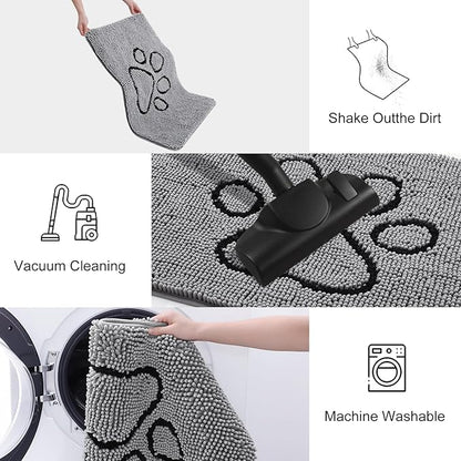 Smiry Dog Door Mat for Muddy Paws, Absorbent Dirt Trapper Non Slip Quick Dry Washable Chenille Mat for Mud Dogs, Entry Rug for Indoor and Outdoor (59x35 Inches, Grey and Black)