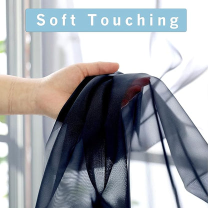 OWENIE Sheer Curtains - Navy 45" Long, Light Filtering Tiers for Kitchen, Bedroom, Basement, Short Curtains Panels Rod Pocket, Cafe Curtains for Small Window, 42" W x 45" L