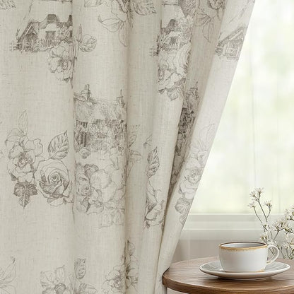Yakamok Grey Floral Linen Curtains for Living Room 84 Inches Long,Printed Floral Curtains Farmhouse Grommet Bedroom Curtain 2 Panels