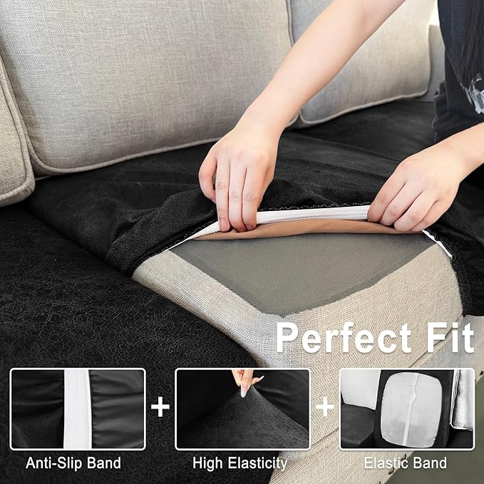 Leather Look Couch Cushion Covers Sofa Seat Slipcovers Sets Couches Furniture Protector for Sectional Armchair Loveseat Pets Kids Stretch Spandex Fabric (3 Cushion Sofa, Black)