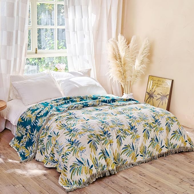 MSGKV Boho Throw Blanket for Couch Cotton Leaves Blanket 50"x60" Throws for Sofa Chair Muslin Spring Breathable Lightweight Farmhouse Blankets Home Decor All Seasons