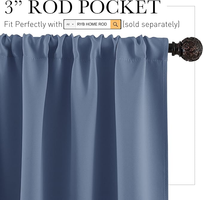RYB HOME Half Curtain Tiers 36 inch Length, Rod Pocket Summer Heat Blocking Thermal Insulated Short Blackout Curtains for Small Window, Width 34 by Length 36, Stone Blue, 2 Panels