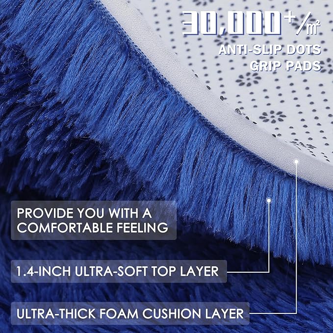 OLANLY Navy Blue Round Rugs for Bedroom - Machine Washable, 2 ft Circle Area Rugs for Living Room, Soft and Fluffy Shaggy Carpet for Teen Girls and Boys, Nursery Rooms, Dorms, Home Decor Aesthetic