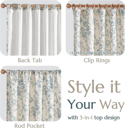 jinchan Lined Linen Blend Curtain Floral Curtains for Living Room 63 Inch Length Blue Peony Flower Printed Curtain Rod Pocket Back Tab Farmhouse Patterned Drapes Bedroom Window Curtains Set 2 Panels