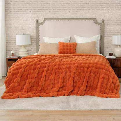Cozy Bliss Faux Fur Throw Blanket for Bed King Size, Bubble Plush Blanket, Fuzzy Soft & Thick Blanket for Fall Bed Sofa Living Room, 108x90 Inches Halloween Burnt Orange