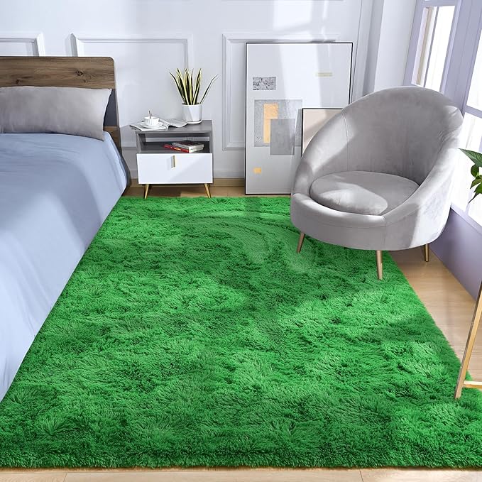 Amearea Premium Soft Fluffy Rug Modern Shag Carpet, Fuzzy Shaggy Rugs for Bedroom Living Room Teen Apartment Decor, Comfortable Indoor Furry Dorm Carpets, Green 5x7.5 Feet