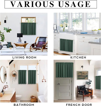 RYB HOME Short Blackout Curtains for Bedroom, Room Darkening Insulated Summer Heat Light UV Blocking Energy Saving Drapes for Nursery, Width 34 by Length 45, Dark Green, Set of 2