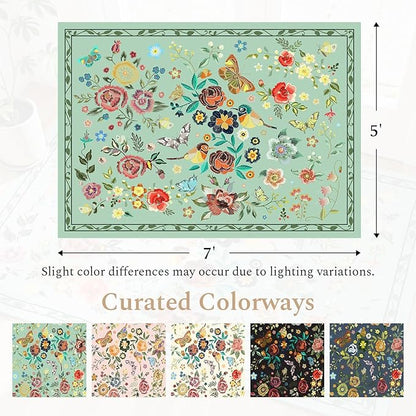 Rugflix 5x7 Washable Area Rug for Living Room, Soft Non Slip Low Pile Carpet, Floral Vintage Stain Resistant Rugs for Bedroom, Dining Room, Home Office, Green