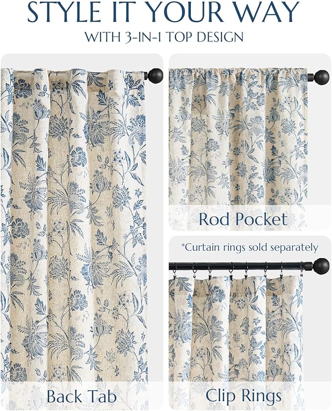 jinchan Lined Linen Floral Curtains for Living Room, 84 Inch Length Printed Flower Farmhouse Patterned French Country Back Tab Blue Window Drapes Set Privacy Bedroom Curtains, 2 Panels
