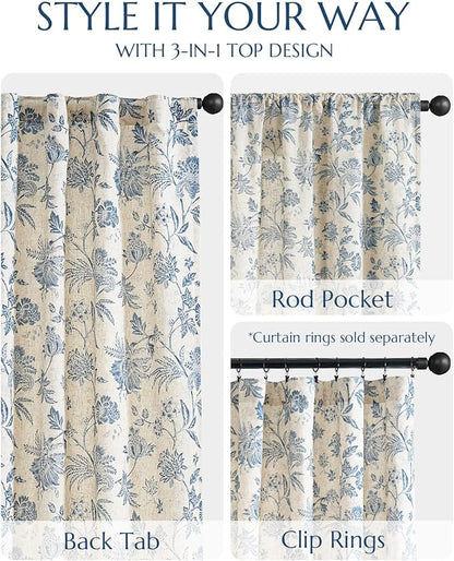 jinchan Lined Linen Floral Curtains for Living Room, 84 Inch Length Printed Flower Farmhouse Patterned French Country Back Tab Blue Window Drapes Set Privacy Bedroom Curtains, 2 Panels