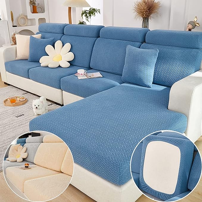 Couch Cushion Covers for Sofa Couch Covers Wear-Resistant Universal Sofa Cover Washable Stretch for Sectional Slipcovers (Texture-Blue,Chaise Cover)