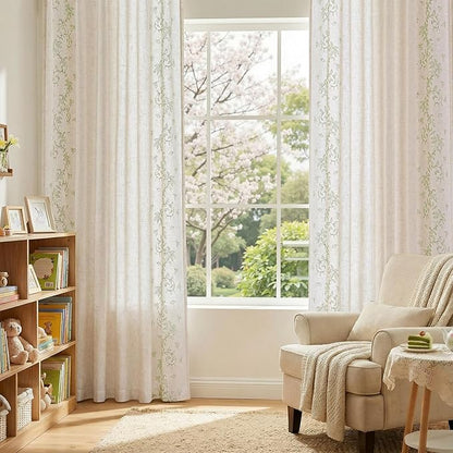 jinchan Evelyn Embroidered Linen Curtains for Living Room Elegant Farmhouse Semi Sheer Light Filtering Curtains 84 inches Long Cottage Sage Green Floral Window Drapes Rod Pocket Back Tab 2 Panels