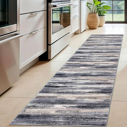 Lansny Modern Abstract Hallway Runner Rug, Grey Black Multi Washable Kitchen Runner Non-Slip Soft 2x8 Runner Rug Thin Print Faux Wool Carpet for Entryway Bedroom Laundry Room Indoor Home Decor