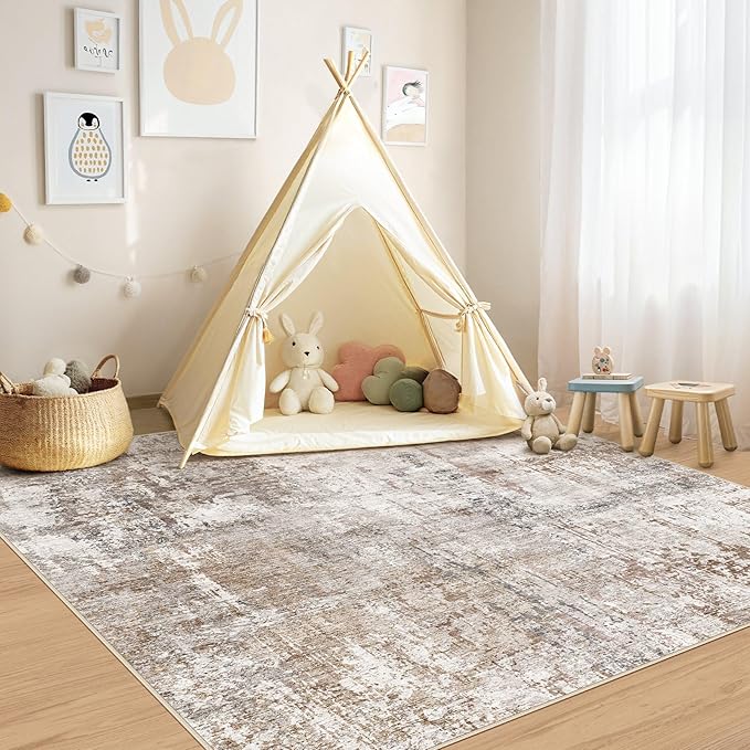 UERMEI Square Area Rugs : Washable 6x6 Neutral Modern Abstract Carpet for Living Room Bedroom - Soft Floor Mat with Non Slip Backing for Kitchen Nursery Dorms Farmhouse Home Decor - Brown/Grey/Red