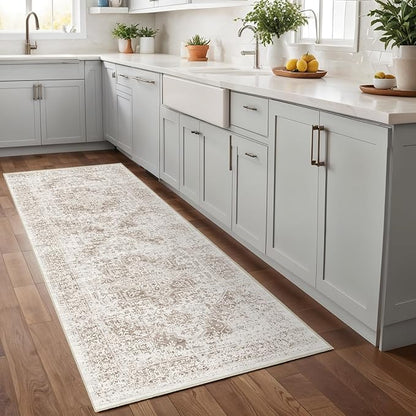 Hallway 2x5 Runner Rug - Vintage Non-Slip Long Rug for Entryway Low-Pile Washable Medallion Rugs for Hallway Waterproof Traditional Indoor Thin Rugs for Kitchen (Ivory/Beige)