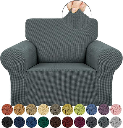 KEKUOU Stretch Single Sofa Slipcover 1 Piece Couch Sofa Cover (31"-55") Furniture Protector 1 Seater Sofa with Elastic Bottom for Kids,Pet.Jacquard Small Checked Pattern Fabric(Small,Grey)