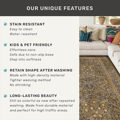 Brown 2'6" x 10' Hallway Runner Rug Non Slip - Washable Kitchen Rug Stain Resistant, 10ft Extra Long Thin Entryway Indoor Mats, Soft Boho Vintage Gold Brown Floral Indoor Carpet Runner Décor Low Pile