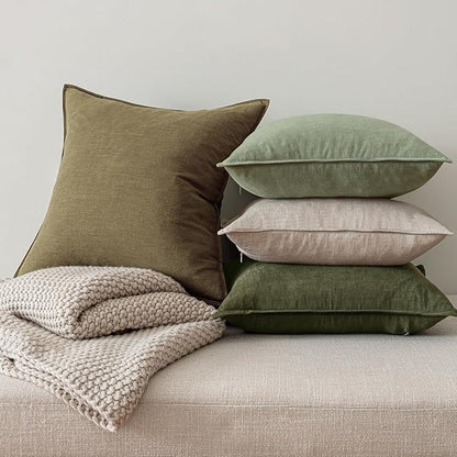 MIULEE Green and White Pillow Covers Pack of 4 Decorative Natural Solid Throw Pillow Covers Soft Accent Boho Farmhouse Couch Pillowcases Modern Spring Decor for Living Room Bed Sofa 18x18 Inch