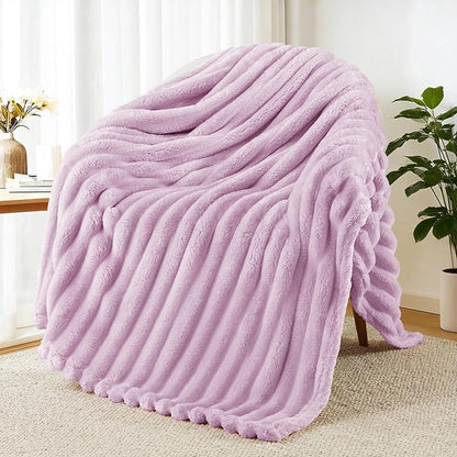 Exclusivo Mezcla Fleece Throw Blanket for Couch, Super Soft Striped Jacquard Bed Blanket, Lightweight Fuzzy Cozy for All Seasons, 50x60 Inches, Lilac Purple