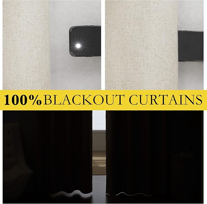NICETOWN Farmhouse Style Keep Warm Large Window Draperies 108 inches Length with Thermal Insulated Liners, 2 Panels, 52" W, Full Blackout Natural Linen Curtains for Sliding Glass Door