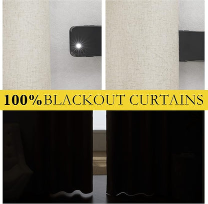 NICETOWN Natural Full Blackout Boho-Chic Linen Curtains 84 inch Long 2 Panels Set for Cafe Window, 42 inch Wide, Thick Linen Blend Drapes, Insulated Window Covers Draperies with White Backing