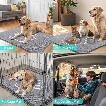 Smiry Dog Door Mat for Muddy Paws, Absorbent Dirt Trapper Non Slip Quick Dry Washable Chenille Mat for Mud Dogs, Entry Rug for Indoor and Outdoor (36x24 Inches, Grey and White)