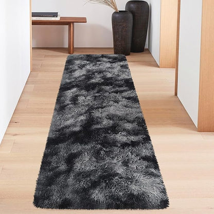 Tie-Dyed Runner Rug for Bedroom Black Grey 2x6ft Fluffy Area Rug Bedside Runner Rug for Kids Room Boys Teens Nursery Baby Living Room Dorm Home Decor Carpets