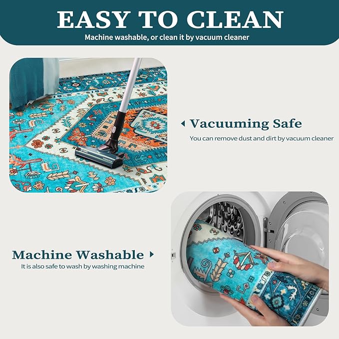 SERISSA 4x6 Boho Bedroom Rug, Washable Non Slip Vintage Blue Area Rugs, Ultra Soft Print Distressed Tribal Entry Rug Low-Pile Throw Carpet for Nursery Dorm Kitchen Living Room Decor
