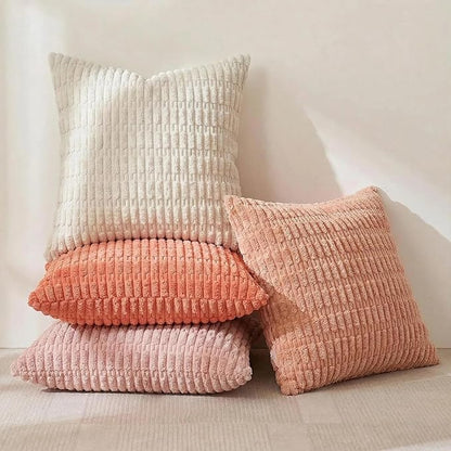 Fancy Homi 4 Packs Blush Pink Decorative Throw Pillow Covers 18x18 Inch for Living Room Couch Bed Sofa, Soft Plush Striped Corduroy Square Light Pink Coral Peach Cream Colorful Cushion Case 45x45 cm