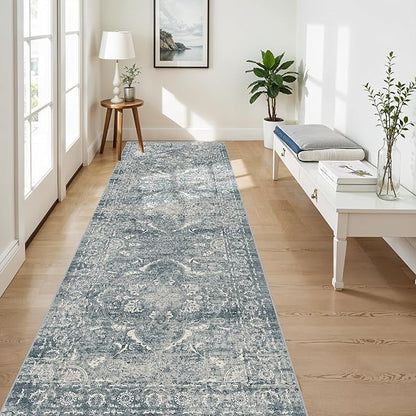 4x10 Washable Hallway Runner Rug - Wide Kitchen Runners Vintage Low Pile Carpet Soft Thin Floor Runner with Rubber Backing for Entryway Bedroom Living Room Home Decor (Blue)