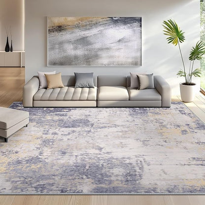 Washable Area Rugs 8'x10' Non-Slip Modern Abstract Soft for Living Room Entryway Bedroom Nursery, Print Pattern, Purple Grey Cream Yellow