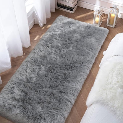Grey Fluffy Rug for Bedroom, 2'X6' Faux Fur Rug for Runner, Gray Soft Shag Rug for Sofa Couch Cushion, Cozy Shaggy Fuzzy Plush Floor Carpet for Nursery, Cute Bedside Dorm Home Decor Rectangle