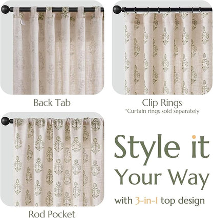 jinchan Linen Floral Curtains for Living Room 96 Inch Length Green Flower Cottage Core Farmhouse Curtains Rod Pocket Back Tab Boho Semi Sheer Window Drapes Bedroom Set 2 Panels Green on Beige