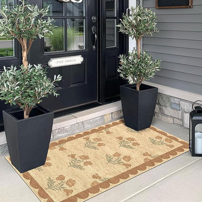 Front Door Mat Indoor Entrance - 2x4.3 Ft Tan Floral Washable Layered Doormat Outdoor Entrance Porch Rug Non-Slip Neutral Country Jute-Look Runner Rug for Kitchen Mud Laundry Room Porch Decor