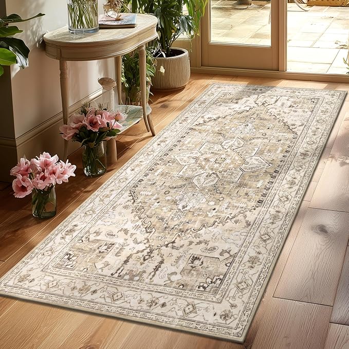 Yamaziot Washable Runner Rug, 3x6 Non-Slip Boho Vintage Hallway Rug with Rubber Backing, Low Pile Faux Wool Distressed Carpet Runner for Bedroom, Kitchen, Laundry, Entrance